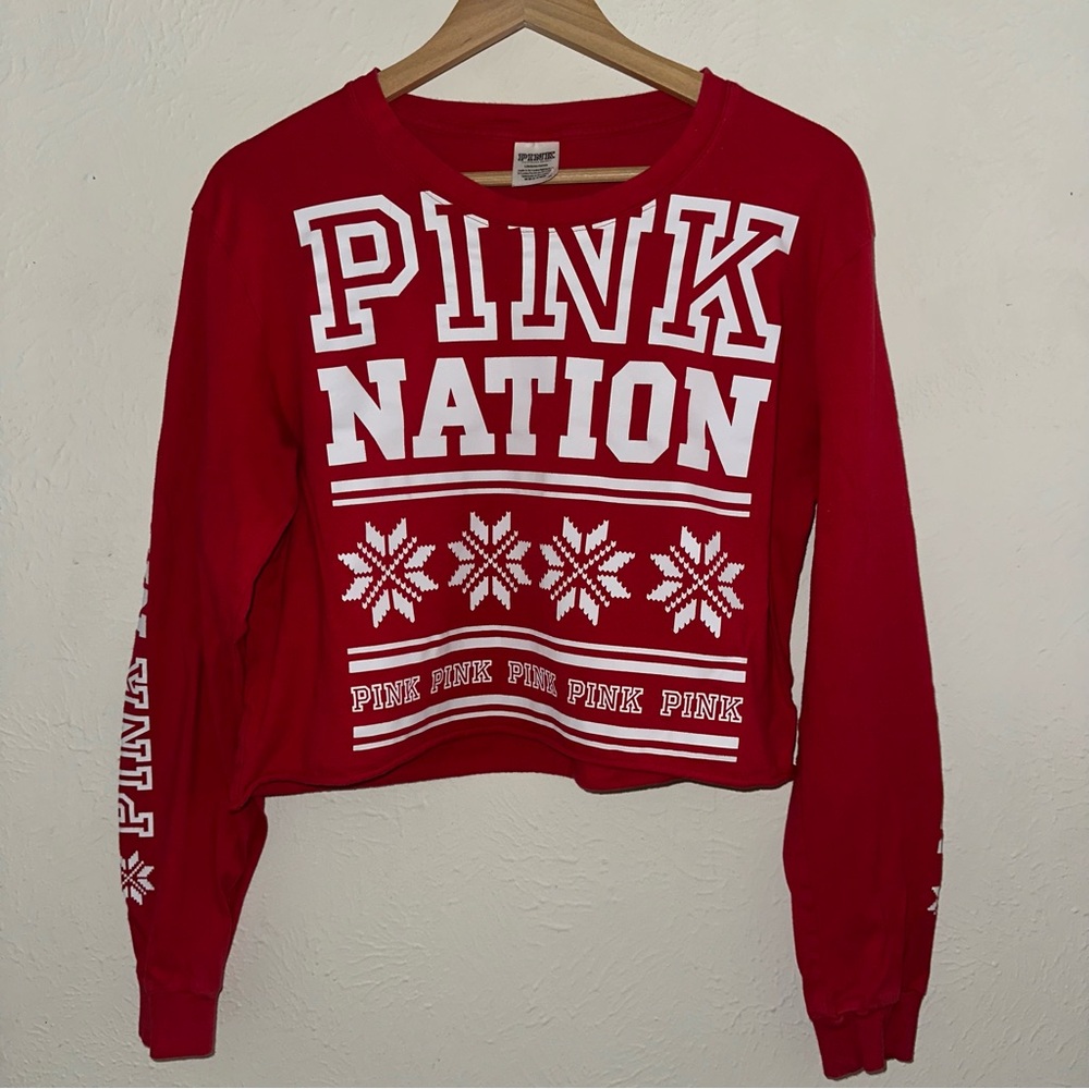 Victoria’s Secret PINK NATION red white cropped top snowflake holiday winter L